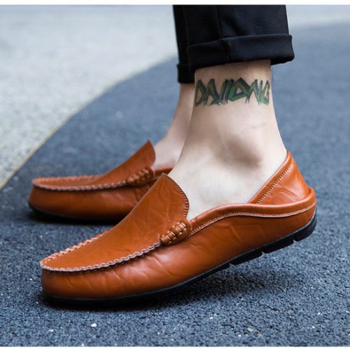 Giày lười da bò cao cấp, cao su gót cao 2-3cm Navy GTD042-Lười xanh đậm