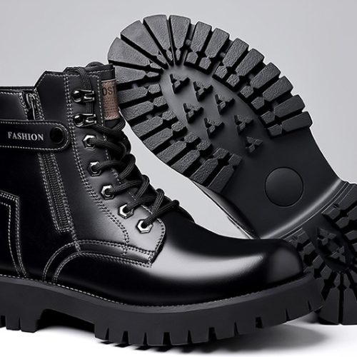 Boot da nam đẹp, cao su gót cao 4-5cm Navy GTD024-Xám