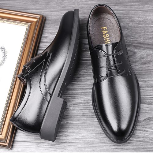Giày tây cao cấp, cao su gót cao 3-4cm Navy GTD010- Đen (dệt trơn) big size từ 35-50