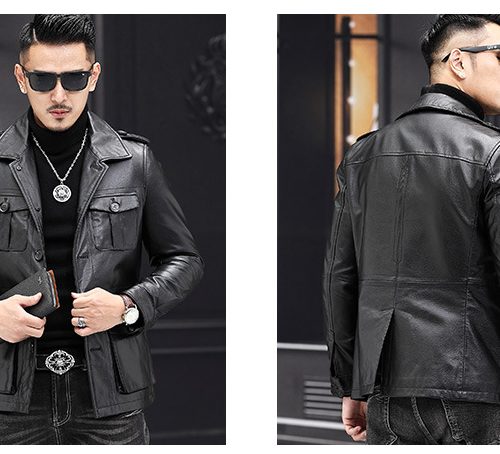 Áo da nam thời trang da bò thật Navy AKD005 Da sáp đen