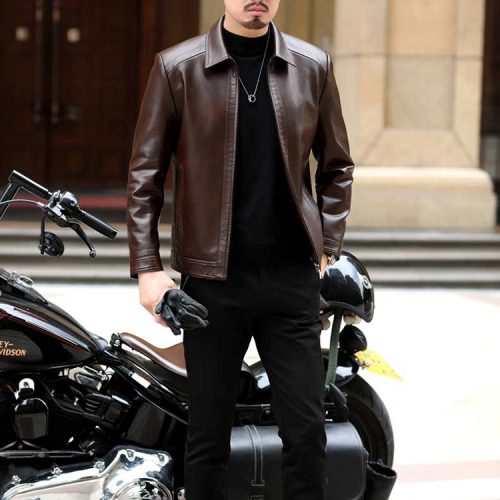 Áo da cừu nam đi Moto AKD044 Đen lót lông