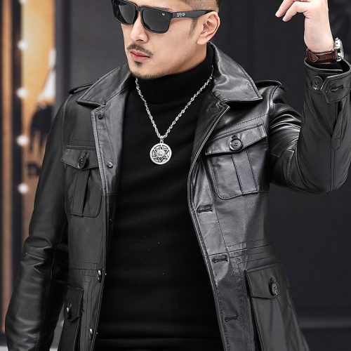 Áo da nam thời trang da bò thật Navy AKD005 Da sáp đen